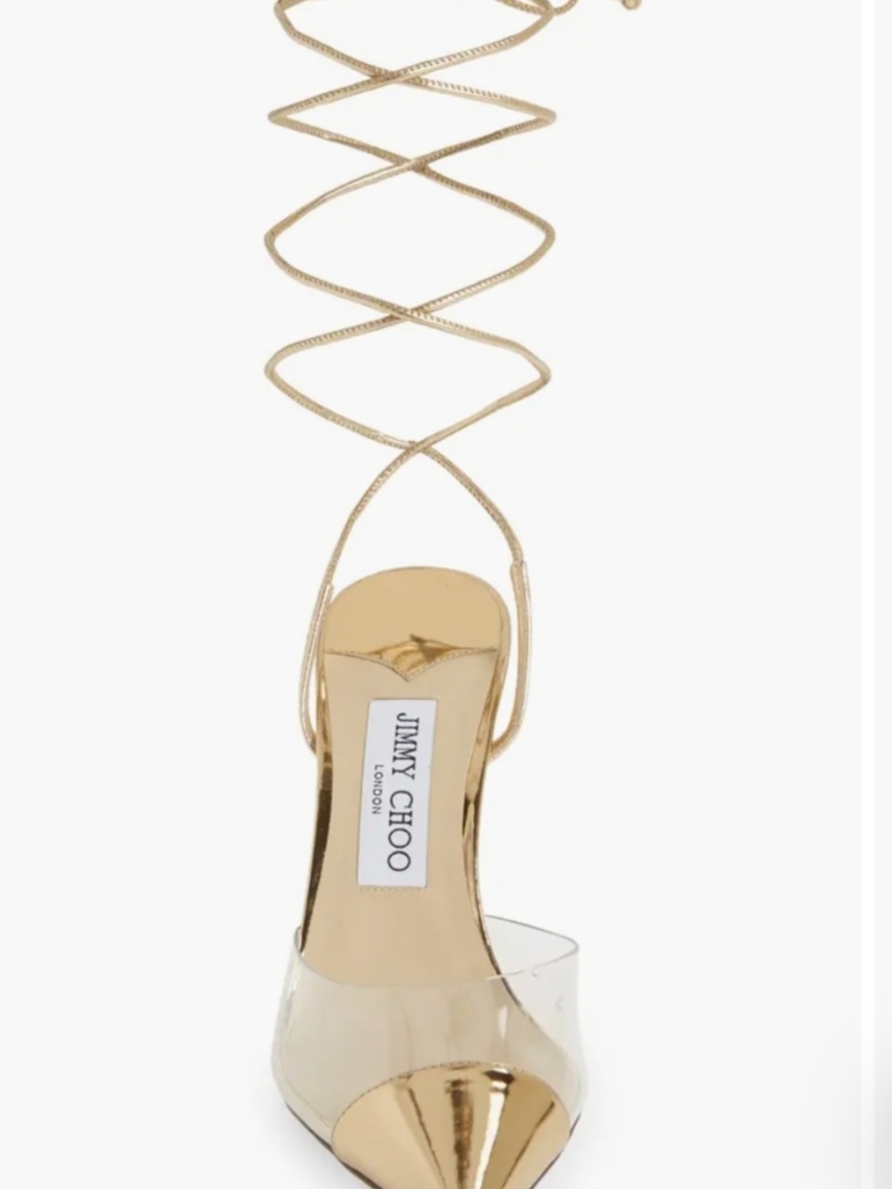 Jimmy Choo Farley Gold Pointed Toe Clear Lace-Up Pumps - Picture 7 of 7